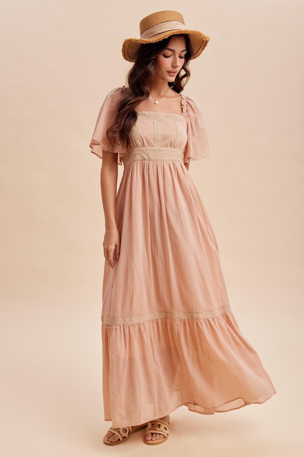 Dusty Pink Lace Accent Flutter Sleeve Maxi Dress