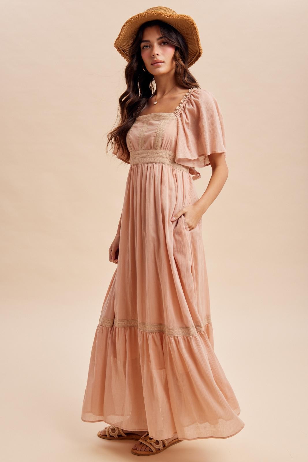 Dusty Pink Lace Accent Flutter Sleeve Maxi Dress