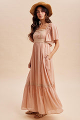Dusty Pink Lace Accent Flutter Sleeve Maxi Dress