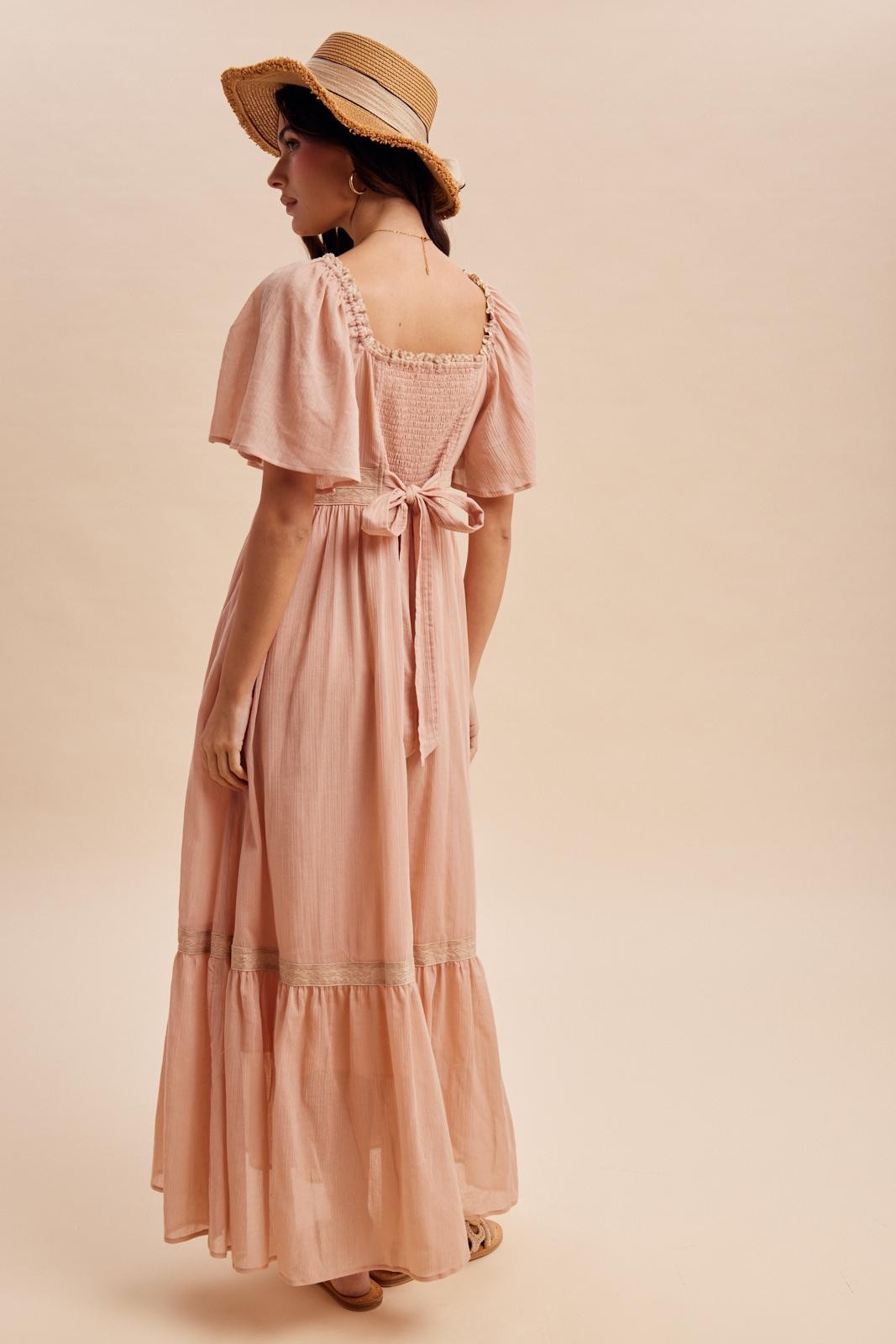 Dusty Pink Lace Accent Flutter Sleeve Maxi Dress