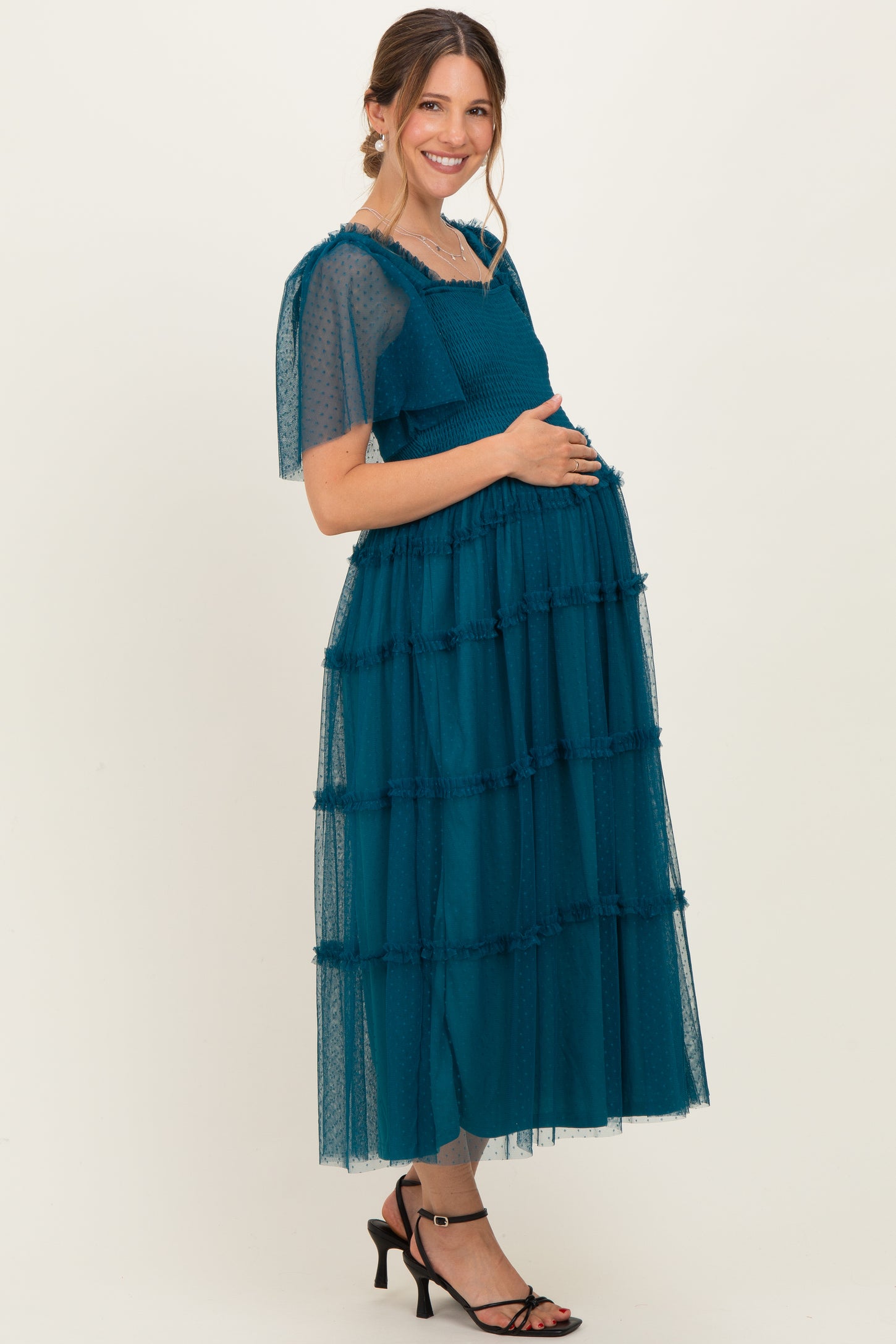 Teal Ruffled Mesh Maternity Maxi Dress