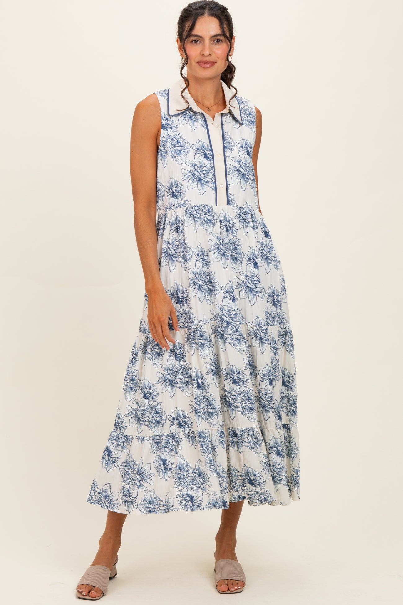 Ivory Floral Tiered Sleeveless Maternity Shirt Dress