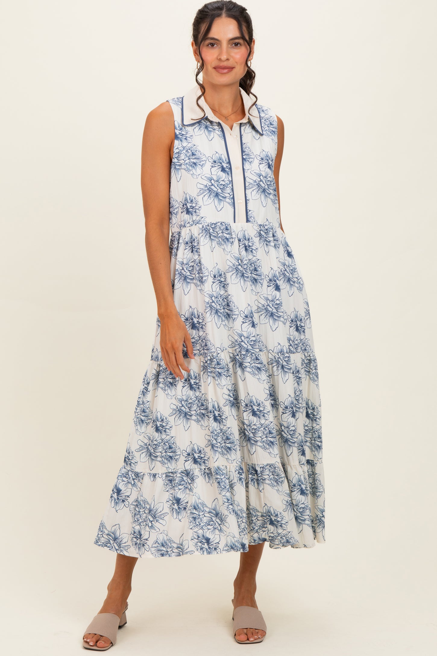 Ivory Floral Tiered Sleeveless Maternity Shirt Dress