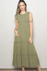 Olive Smocked Sleeveless Tiered Maternity Maxi Dress