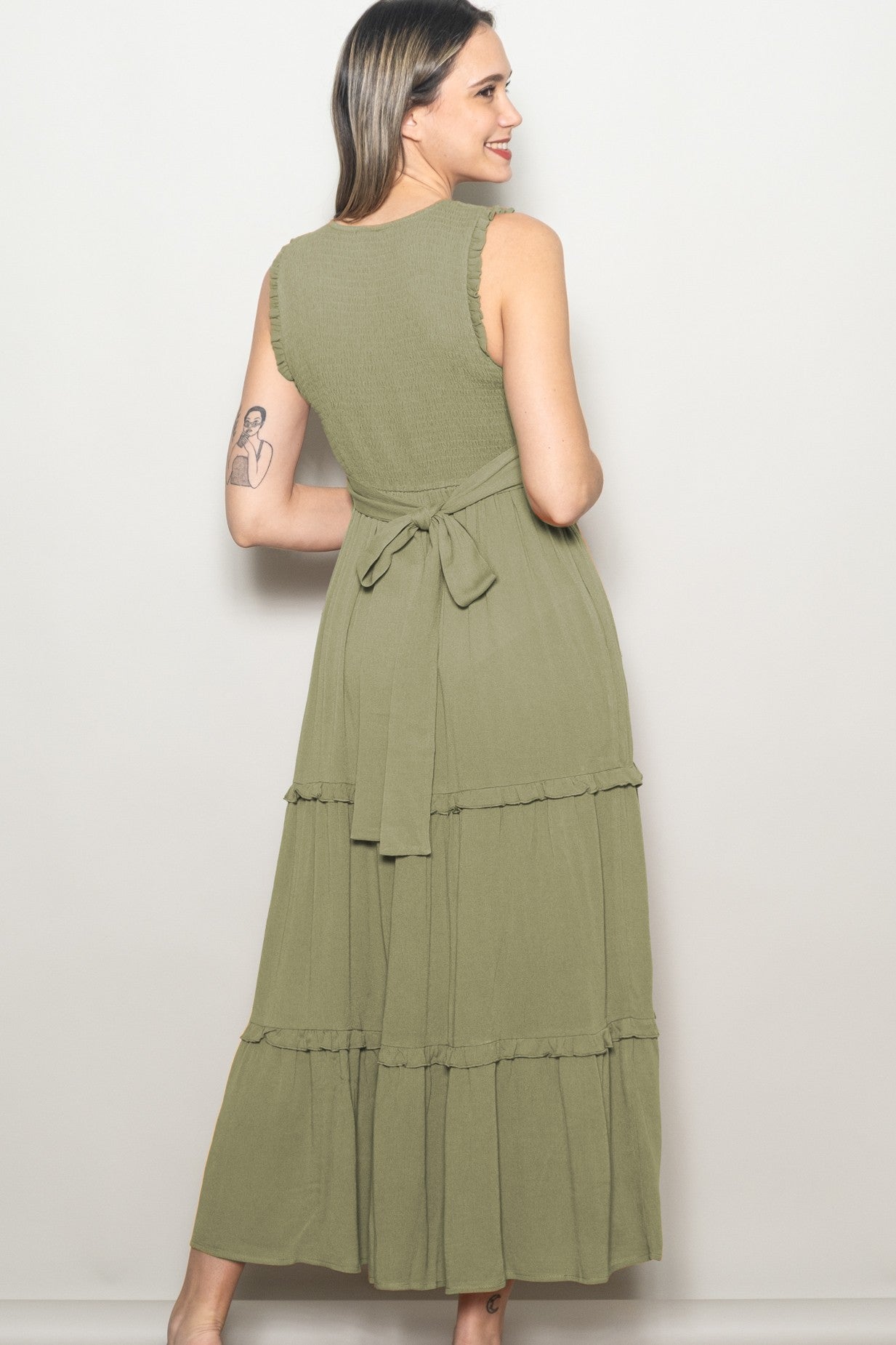 Olive Smocked Sleeveless Tiered Maxi Dress