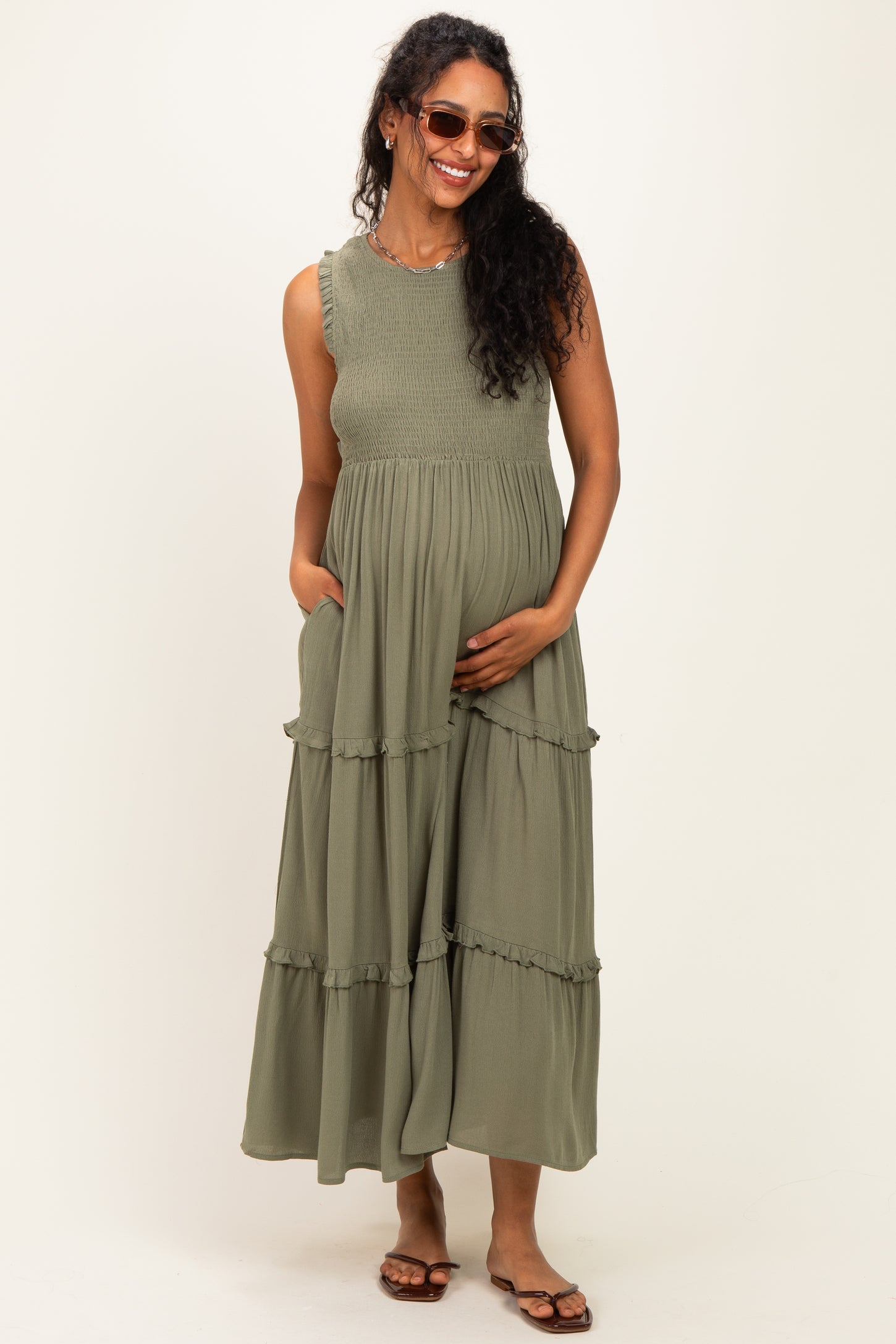 Olive Smocked Sleeveless Tiered Maternity Maxi Dress