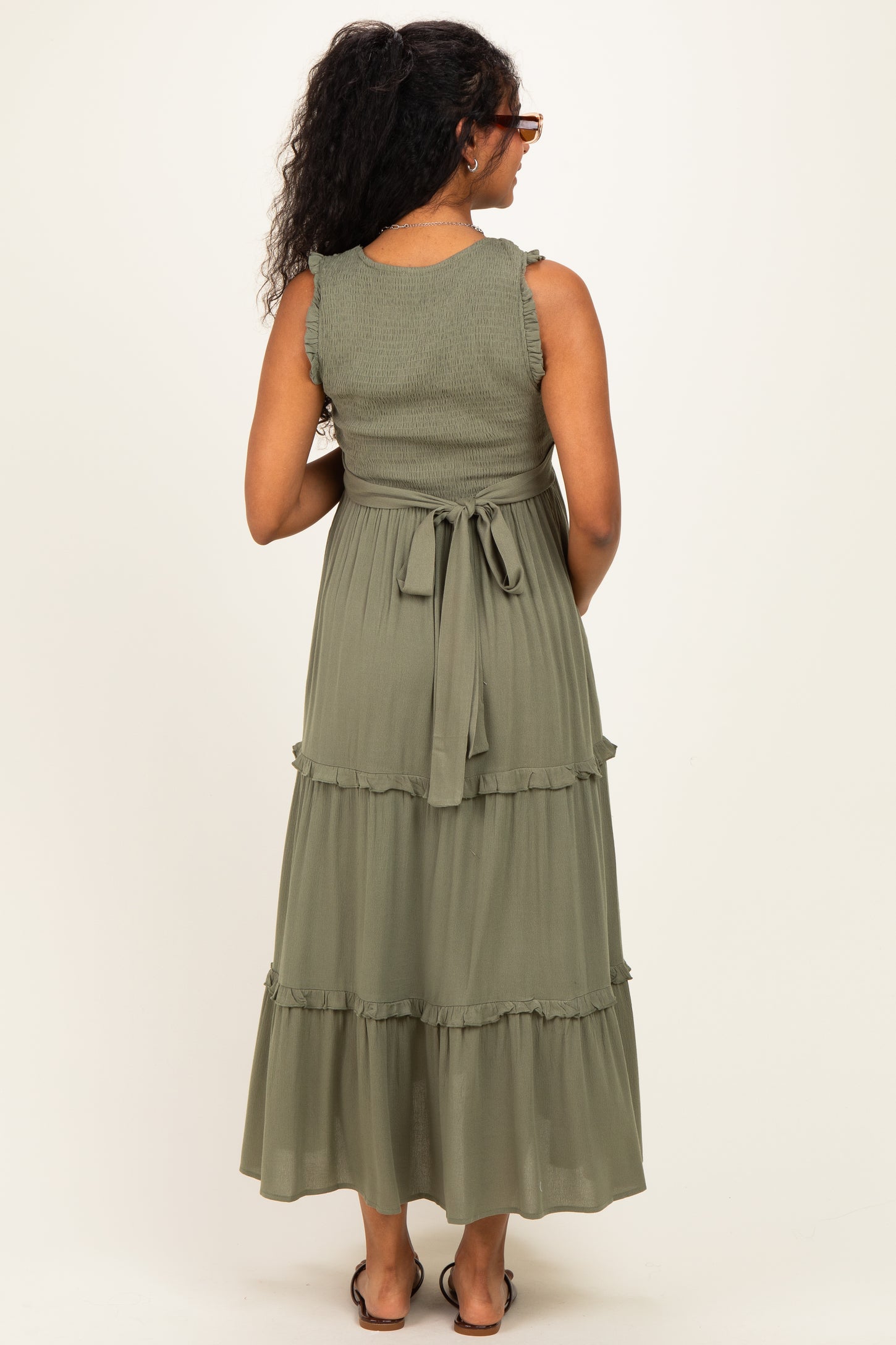 Olive Smocked Sleeveless Tiered Maternity Maxi Dress
