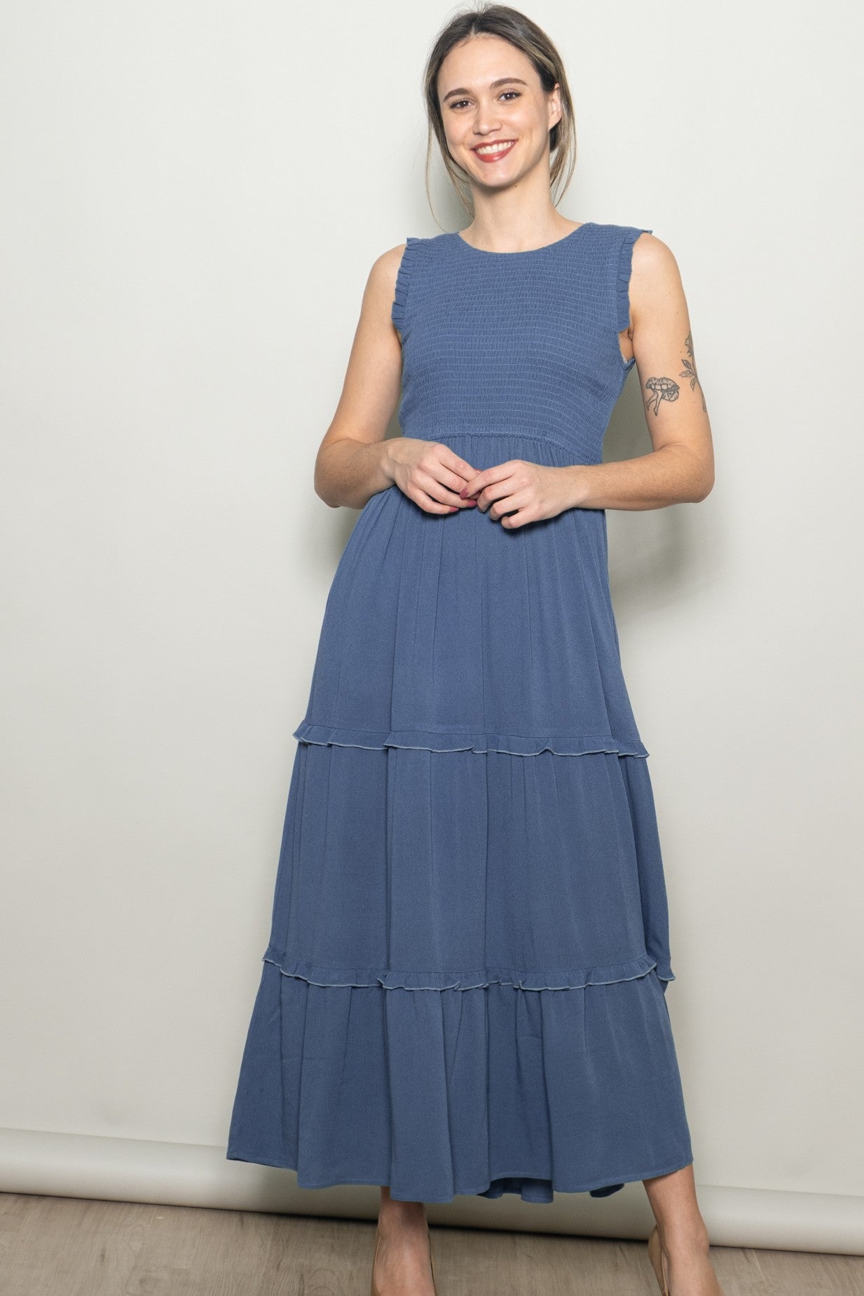 Light Navy Smocked Sleeveless Tiered Maxi Dress