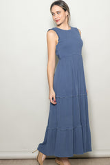 Light Navy Smocked Sleeveless Tiered Maxi Dress