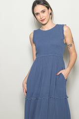 Light Navy Smocked Sleeveless Tiered Maxi Dress