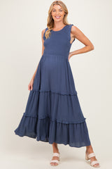 Light Navy Smocked Sleeveless Tiered Maternity Maxi Dress