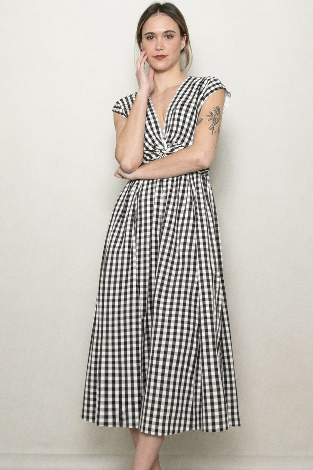 Black Gingham Twist Front Midi Dress