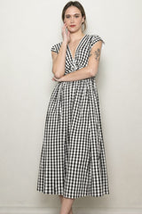 Black Gingham Twist Front Midi Dress