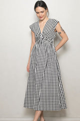 Black Gingham Twist Front Midi Dress