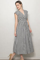 Black Gingham Twist Front Midi Dress