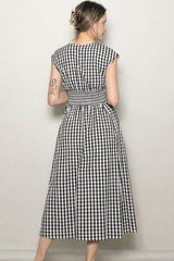 Black Gingham Twist Front Midi Dress