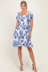 Blue Floral Puff Sleeve Dress