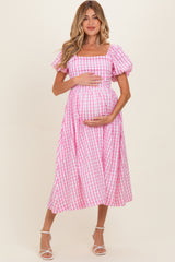 Pink Gingham Puff Sleeve Maternity Midi Dress