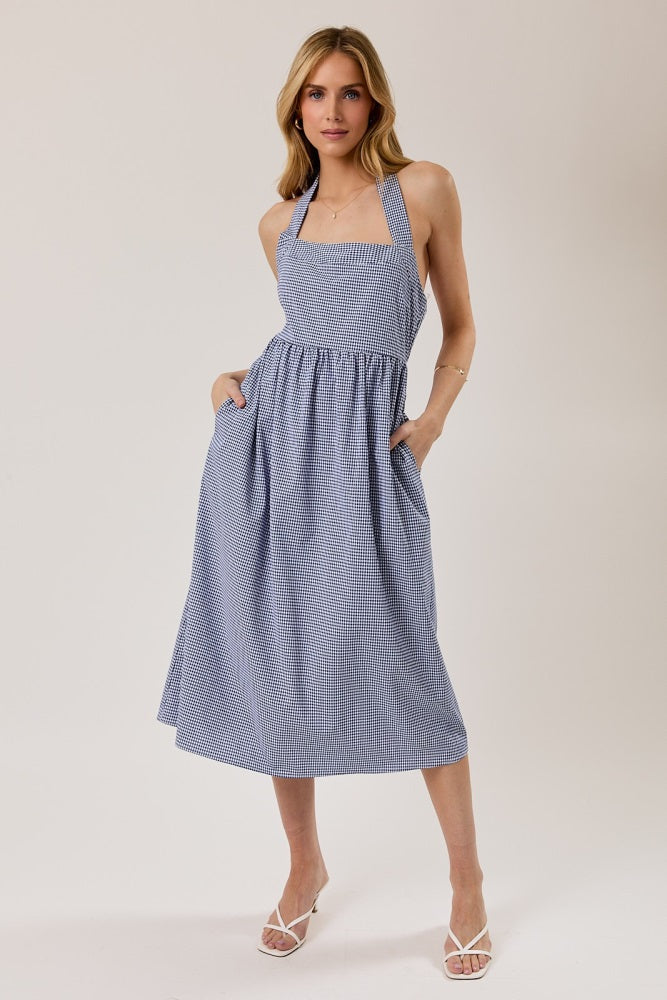 Navy Gingham Halter Neck Maternity Midi Dress