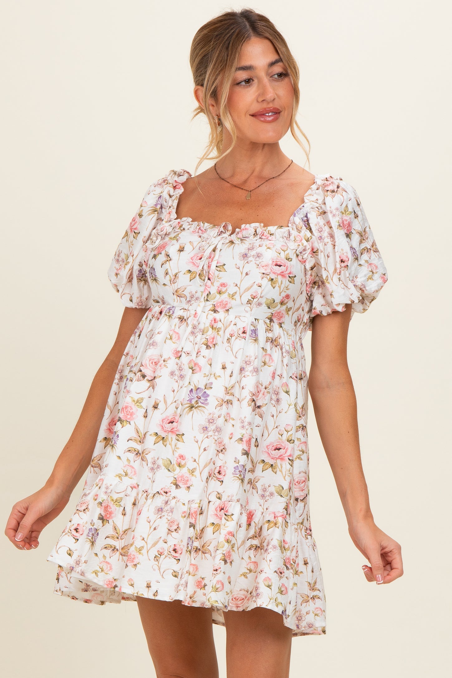 Ivory Floral Puff Sleeve Maternity Mini Dress