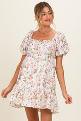 Ivory Floral Puff Sleeve Maternity Mini Dress