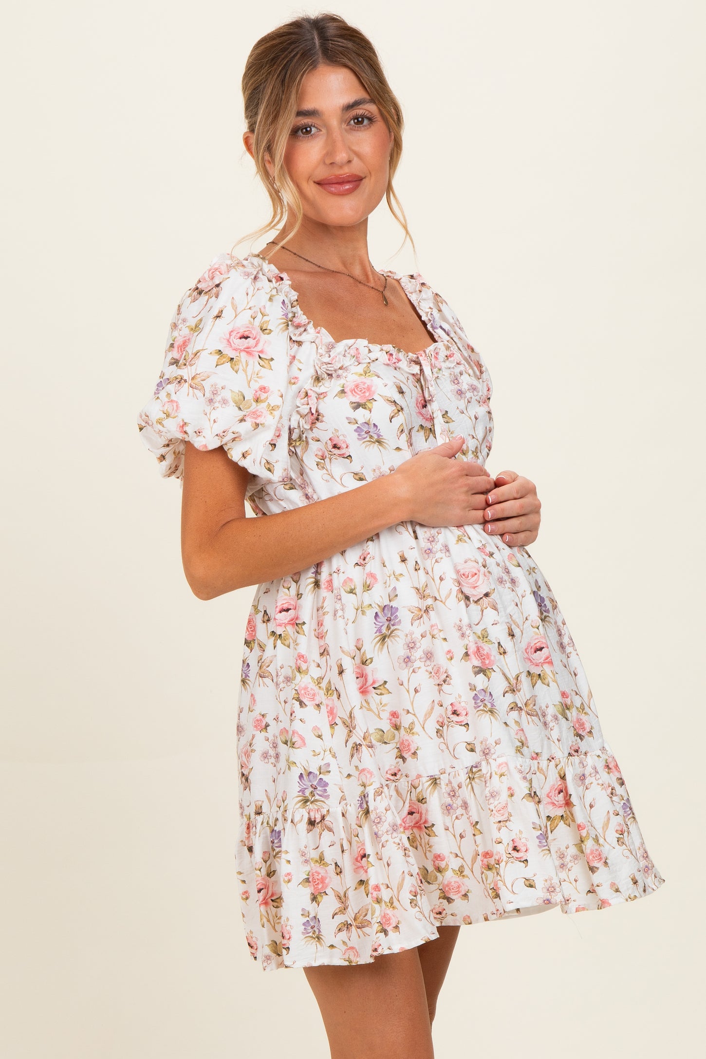 Ivory Floral Puff Sleeve Maternity Mini Dress