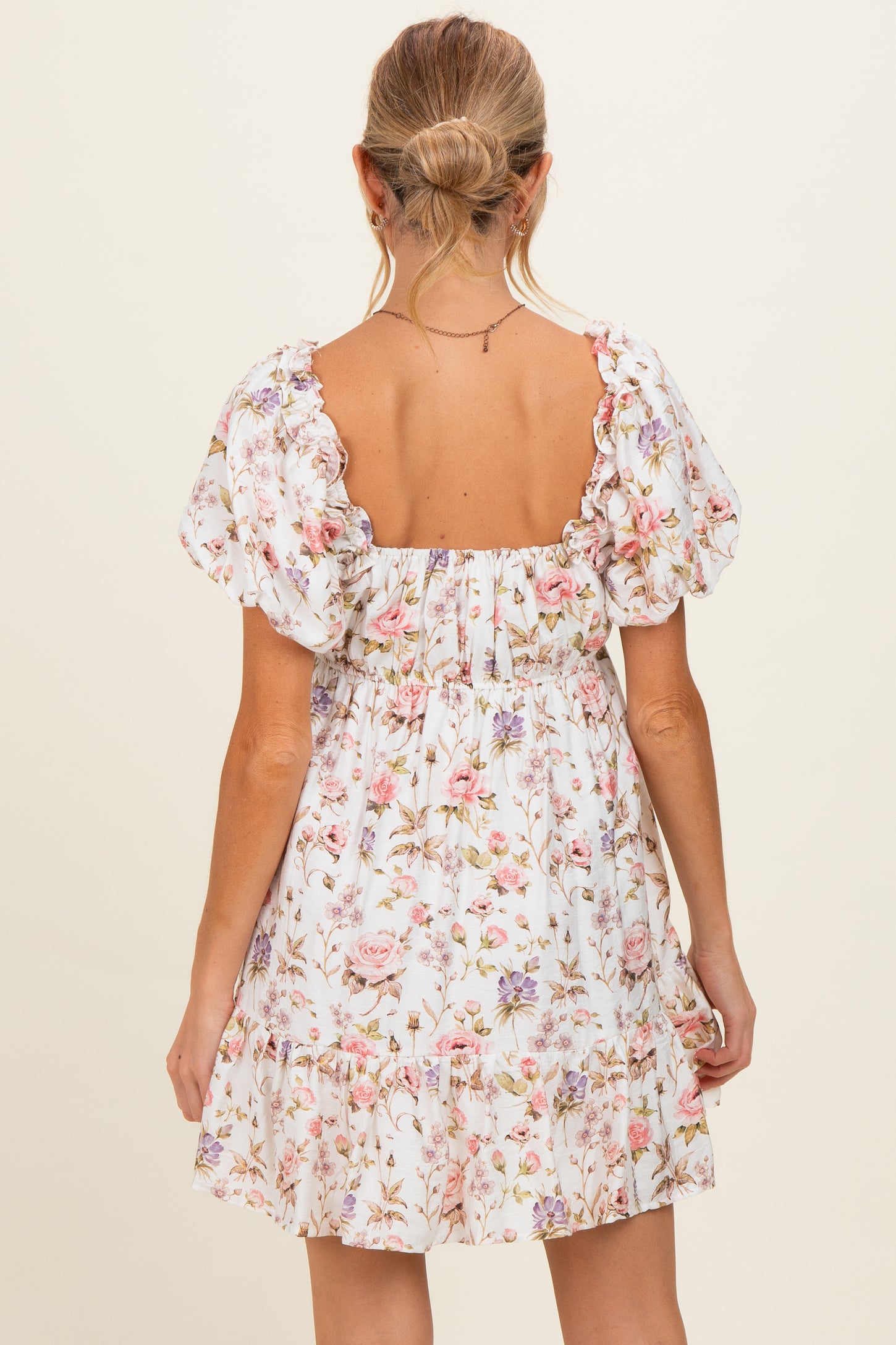 Ivory Floral Puff Sleeve Maternity Mini Dress
