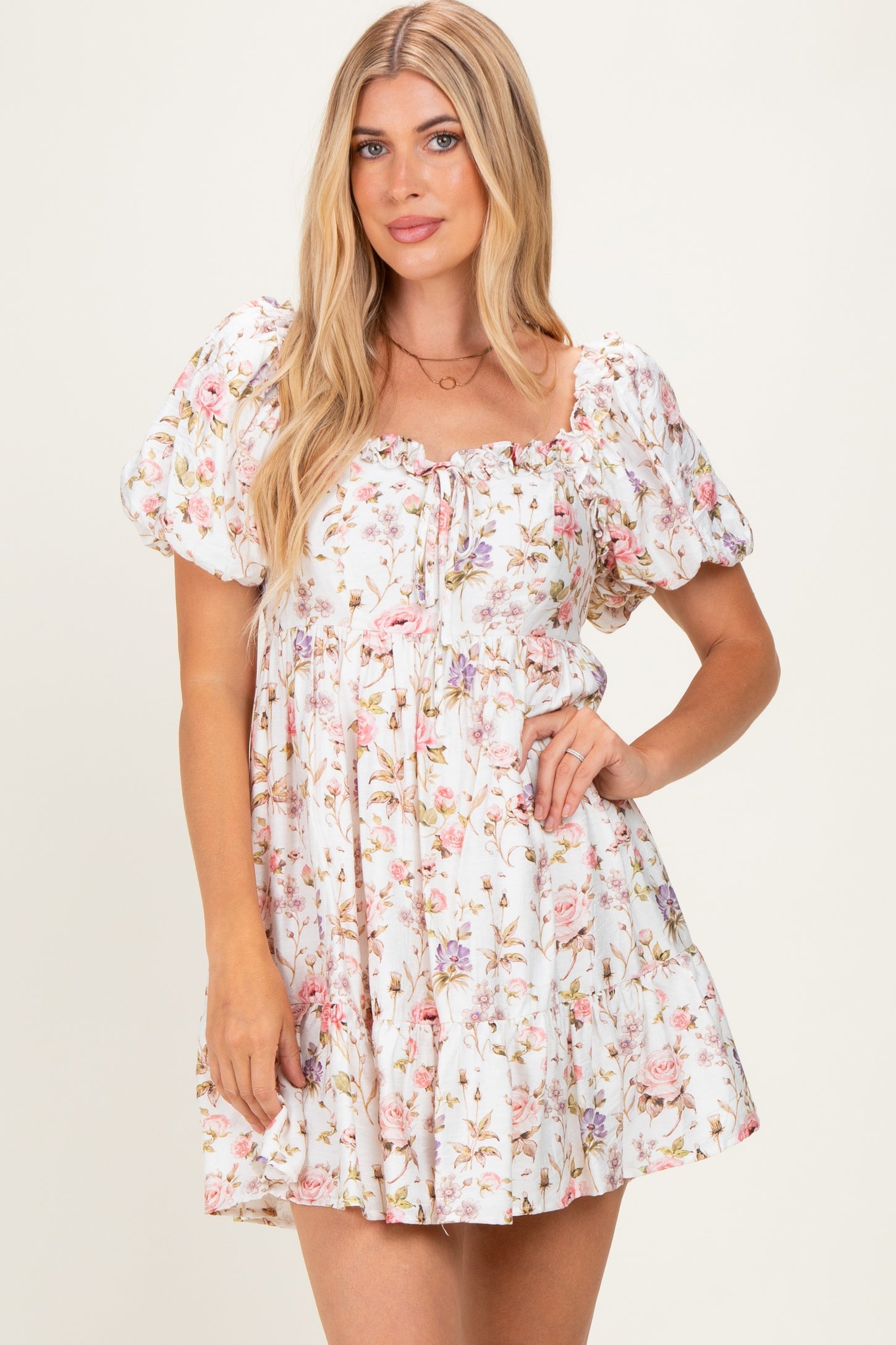 Ivory Floral Puff Sleeve Maternity Mini Dress