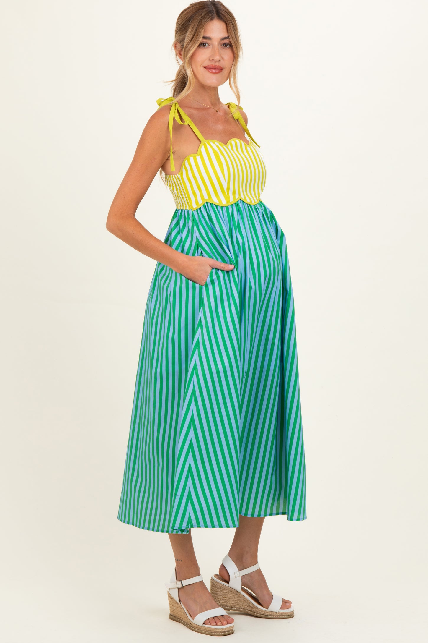 Kiwi Striped Colorblock Scallop Detail Maternity Midi Dress