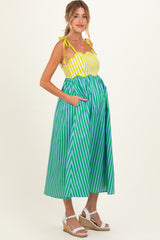 Kiwi Striped Colorblock Scallop Detail Maternity Midi Dress