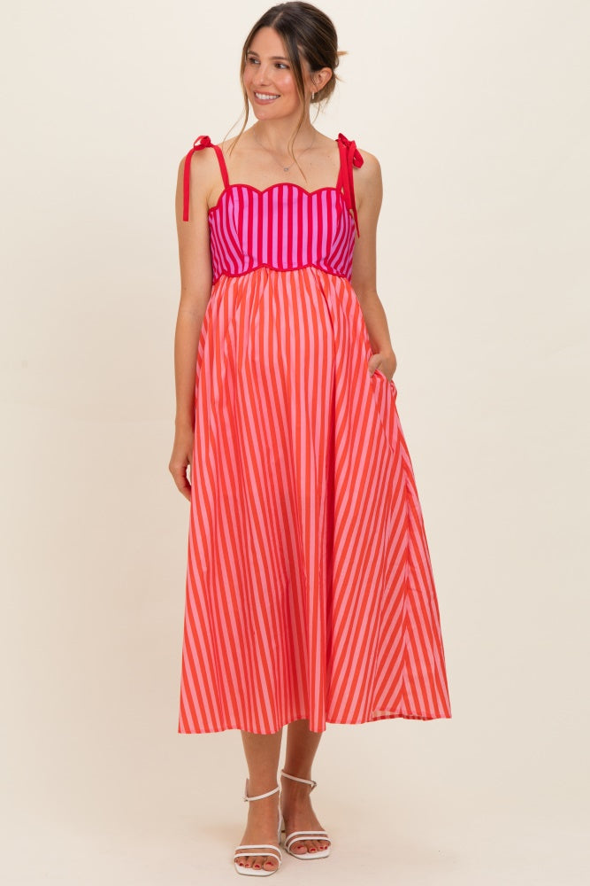 Red Striped Colorblock Scallop Detail Maternity Midi Dress