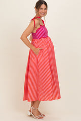 Red Striped Colorblock Scallop Detail Maternity Midi Dress