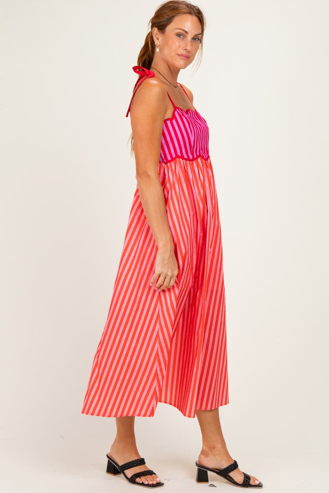 Red Striped Colorblock Scallop Detail Midi Dress