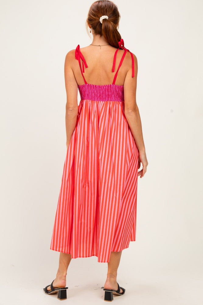 Red Striped Colorblock Scallop Detail Midi Dress