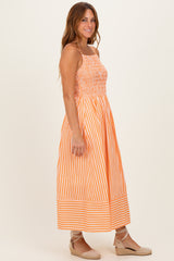 Orange Striped Smocked Midi Dress