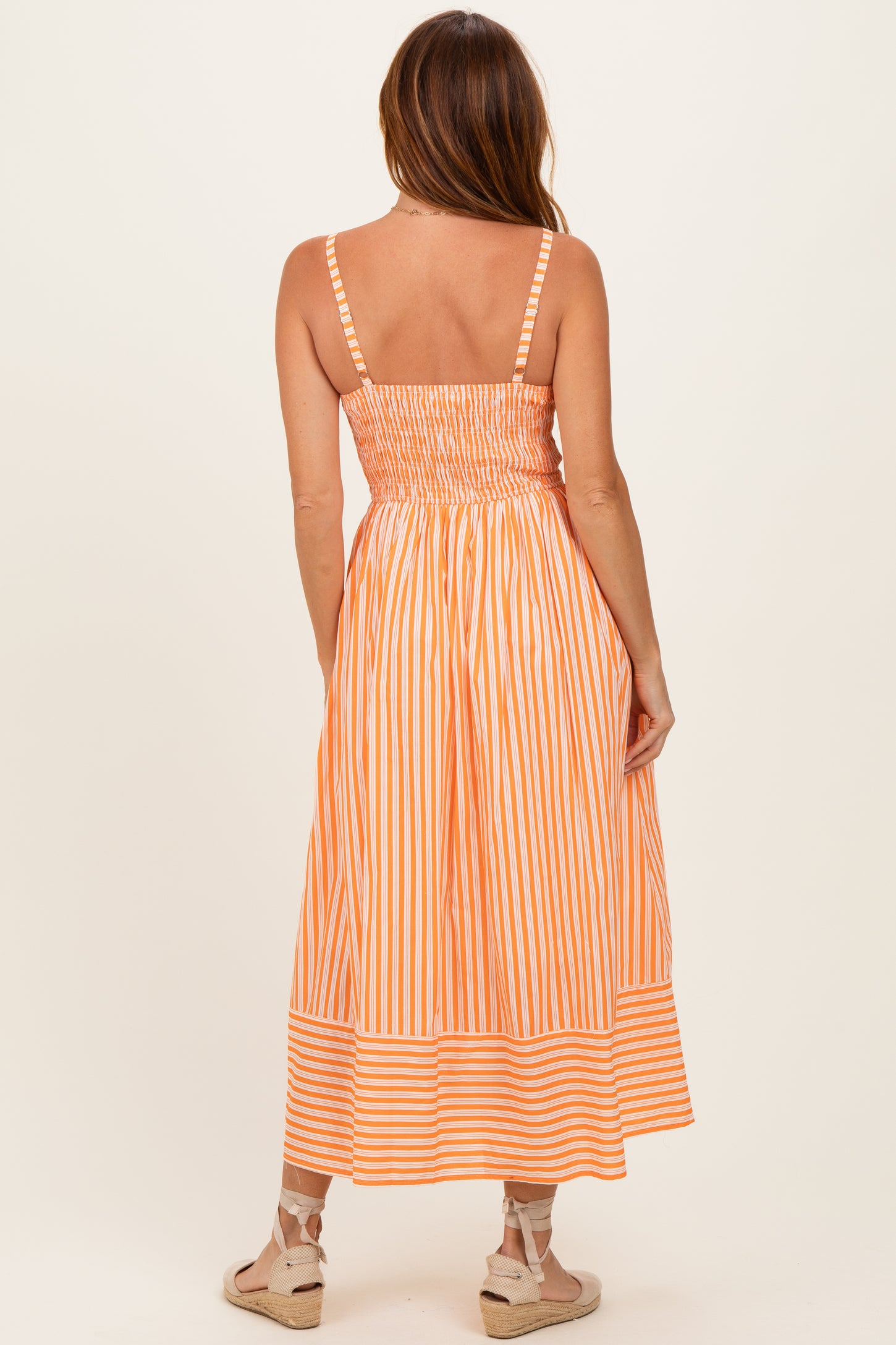 Orange Striped Smocked Midi Dress