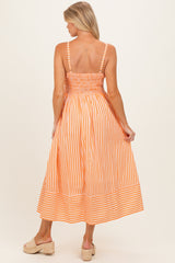 Orange Striped Smocked Maternity Midi Dress