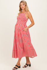 Red Striped Smocked Maternity Midi Dress