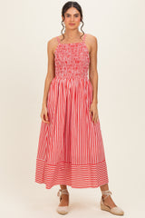 Red Striped Smocked Maternity Midi Dress