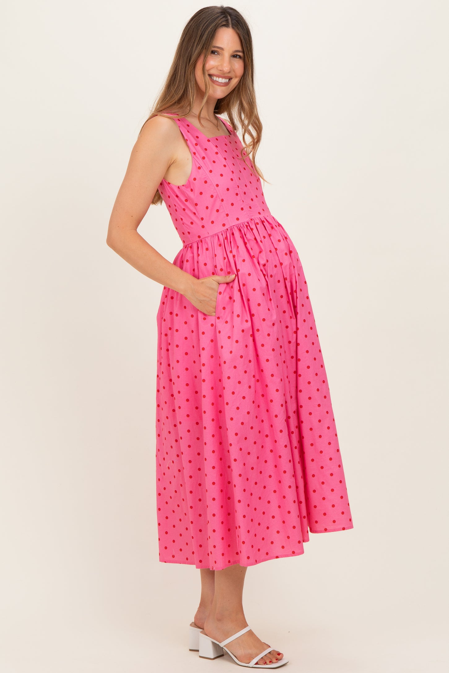 Pink Polka Dot Sleeveless Maternity Midi Dress