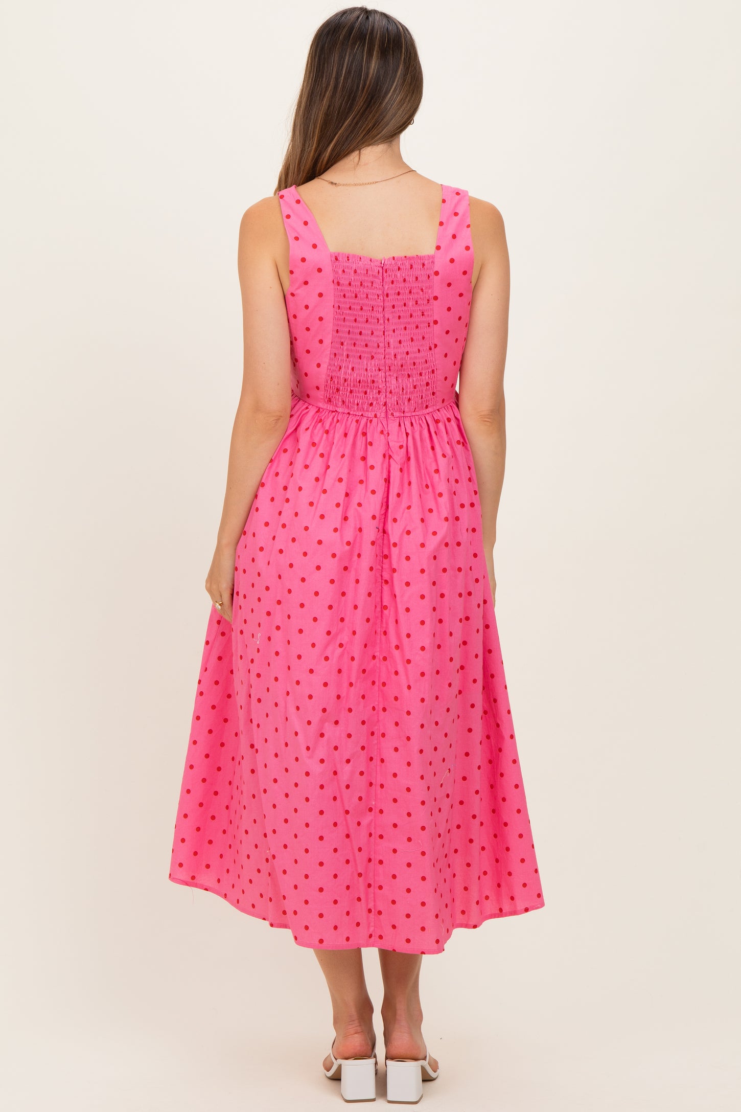 Pink Polka Dot Sleeveless Maternity Midi Dress