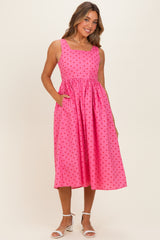 Pink Polka Dot Sleeveless Midi Dress