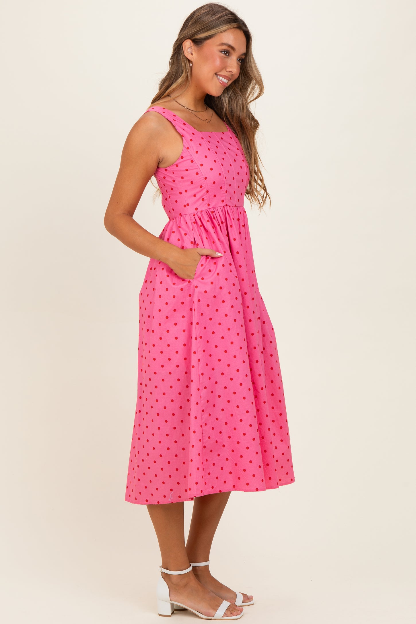 Pink Polka Dot Sleeveless Midi Dress