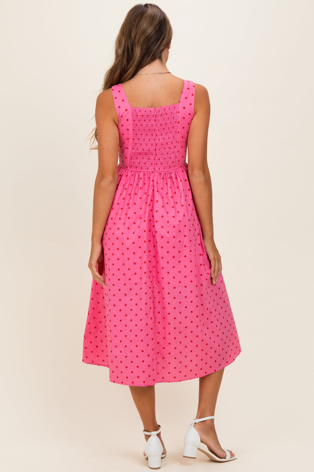Pink Polka Dot Sleeveless Midi Dress
