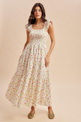 Cream Floral Smocked Maxi Dress