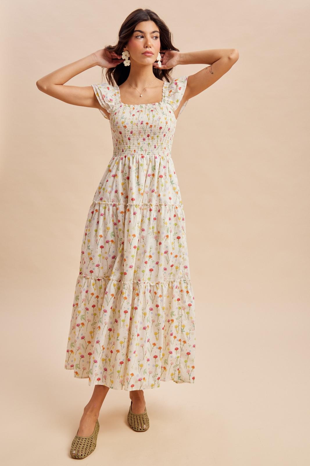 Cream Floral Smocked Maxi Dress