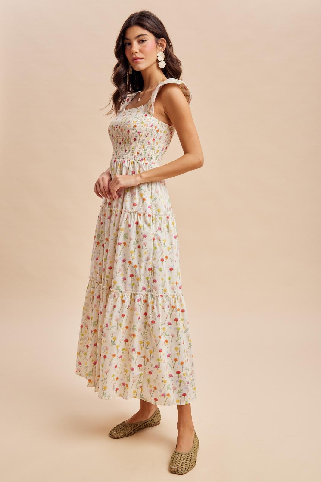 Cream Floral Smocked Maxi Dress