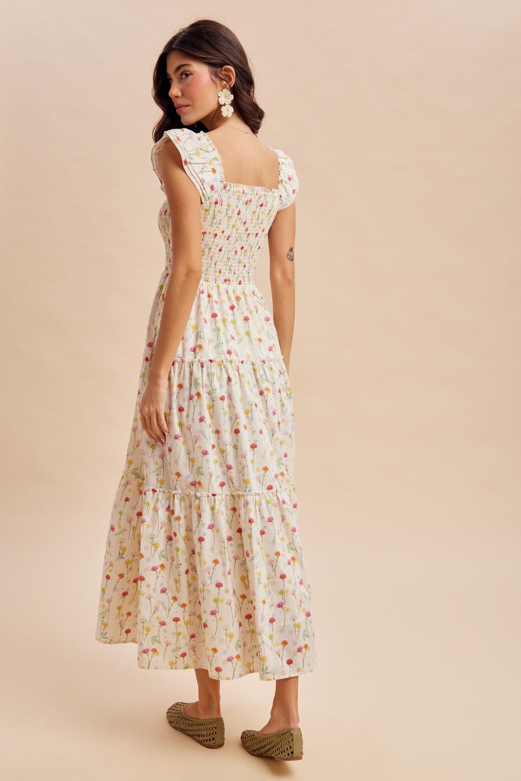 Cream Floral Smocked Maxi Dress