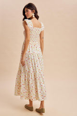Cream Floral Smocked Maxi Dress