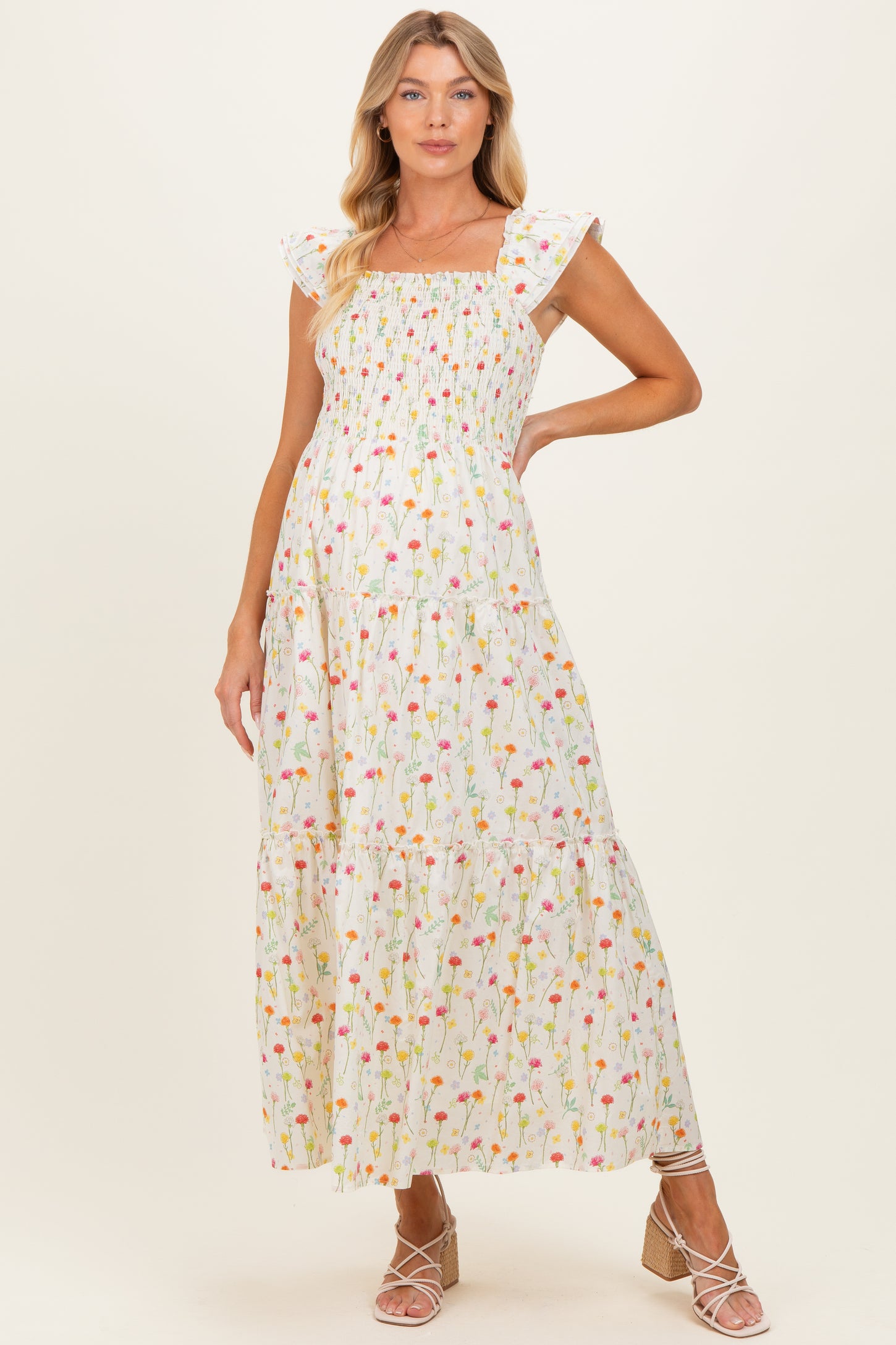 Cream Floral Smocked Maternity Maxi Dress